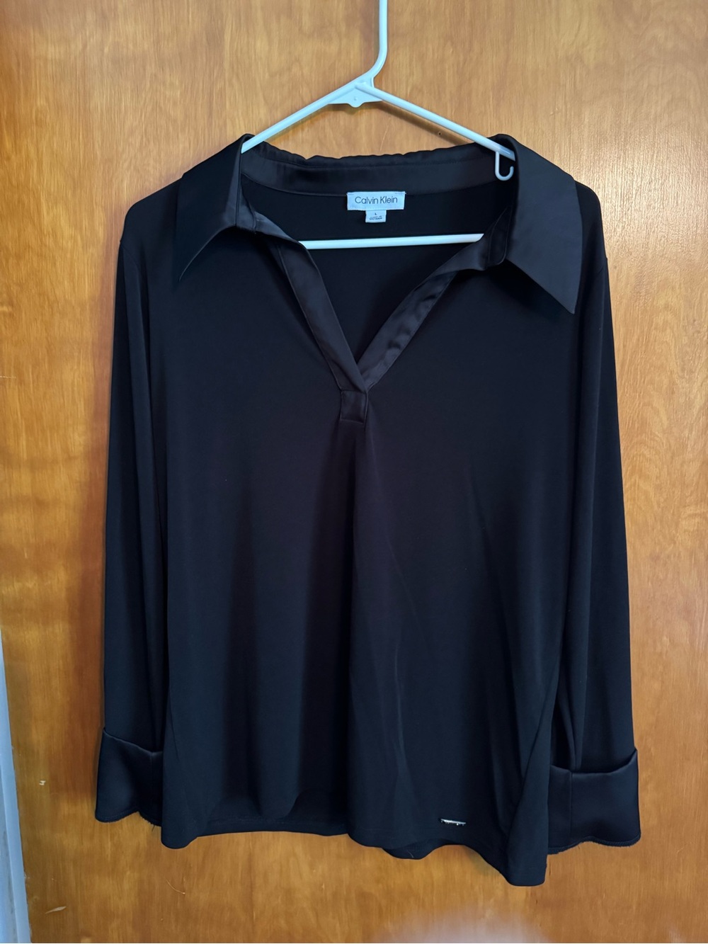 Calvin Klein Black Satin-Trim Polo Collar Blouse